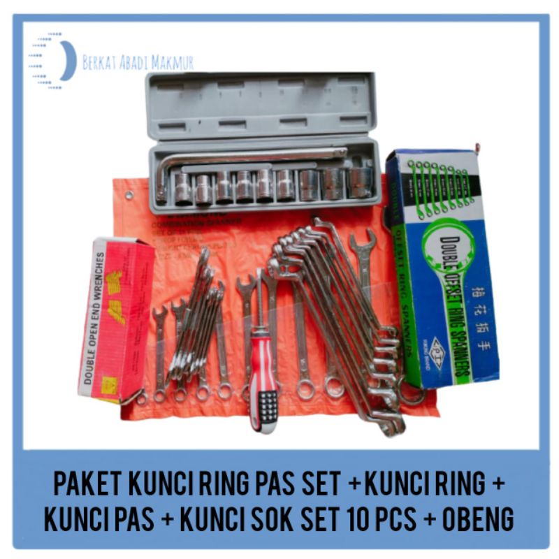 Paket Kunci Ring Pas Set + Kunci Ring Fukung + Kunci Pas Set + Kunci Sock Set + Obeng