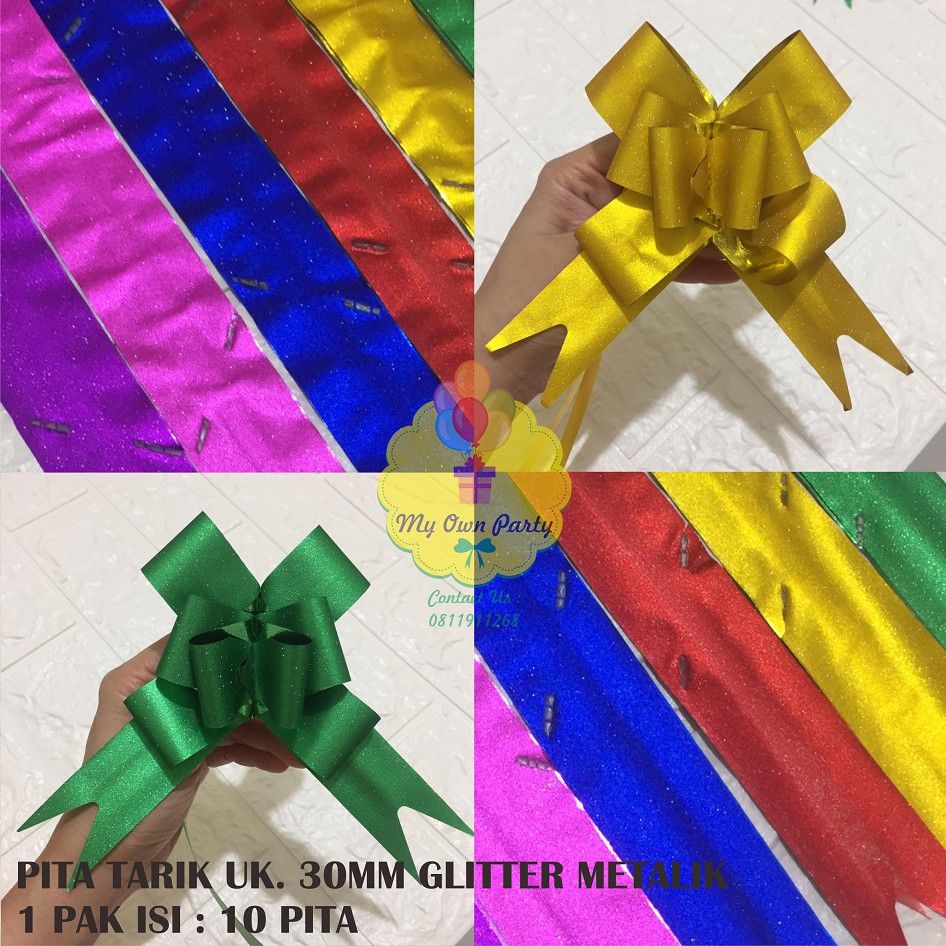 

Pita Tarik / Pita Kado / Pita Serut 30mm GLITTER METALIK isi 10 Pita / Pita Souvenir
