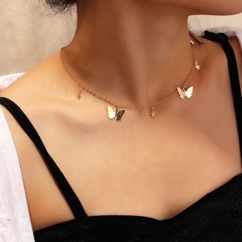 [ Women Elegant Butterfly Stars Pendant Necklaces ] [ Ladies Charm Clavicle Necklace] [Girls Personality Chain Necklace]