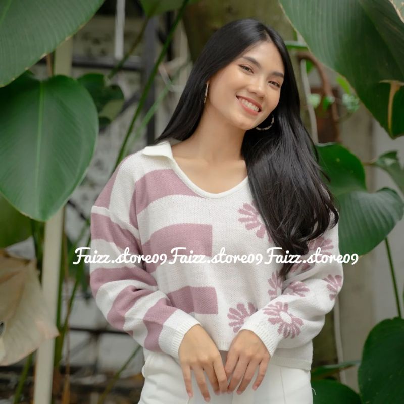 SWEATER RAJUT WANGKY MOTIF BLASTER BUNGA/SWEATER RAJUT CROP TOP WANITA PREMIUM