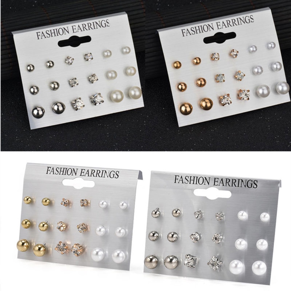 Hu Hu Hu Hu Hu Alat Bantu Pasang Kacamata♡ 9 Pasang / Set Anting Tusuk Mutiara / Berlian Imitasi Untuk Wanita