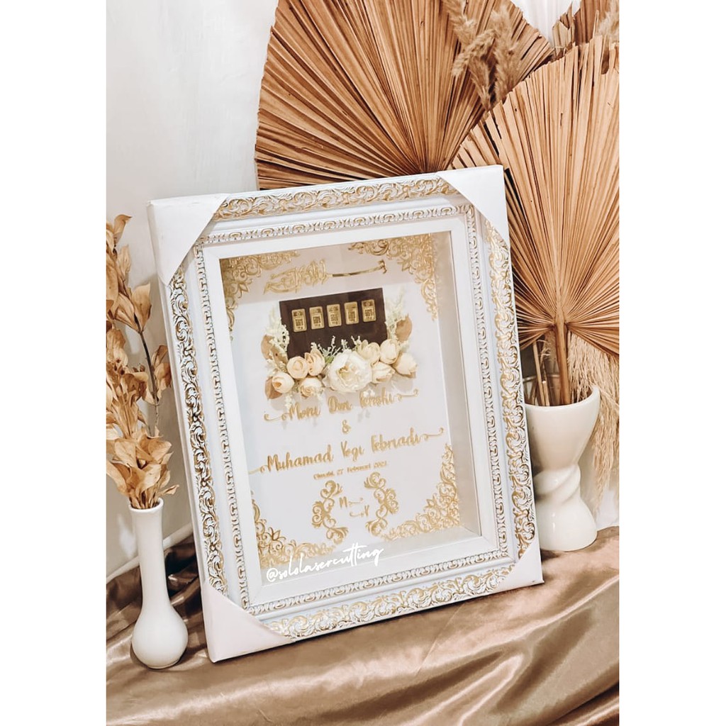 Mahar FIber Acrylic mirror + 3d bunga SIZE 40X60 CM/ MAHAR RUSTIC SESERAHAN HANTARAN FRAME MAHAR MUR