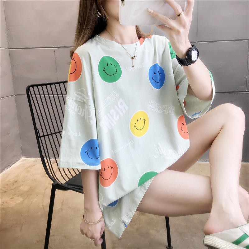 Oversize Tee Tshirt Wanita   Model Longgar Motif Smile Bulat