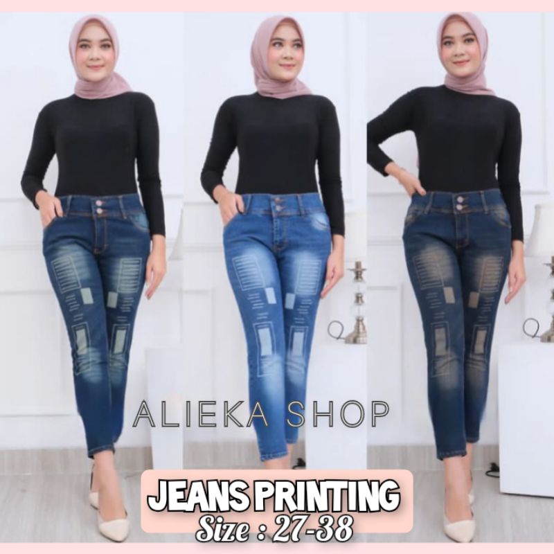 ALIEKA SHOP - CELANA 7/9 JEANS PRINTING . JEANS PANJANG WANITAi