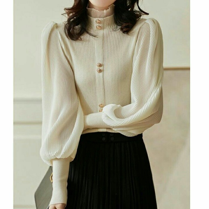 K1654 Baju atasan blouse lengan balon puff plisket rajut cewek import baju blouse kerja wanita hitam