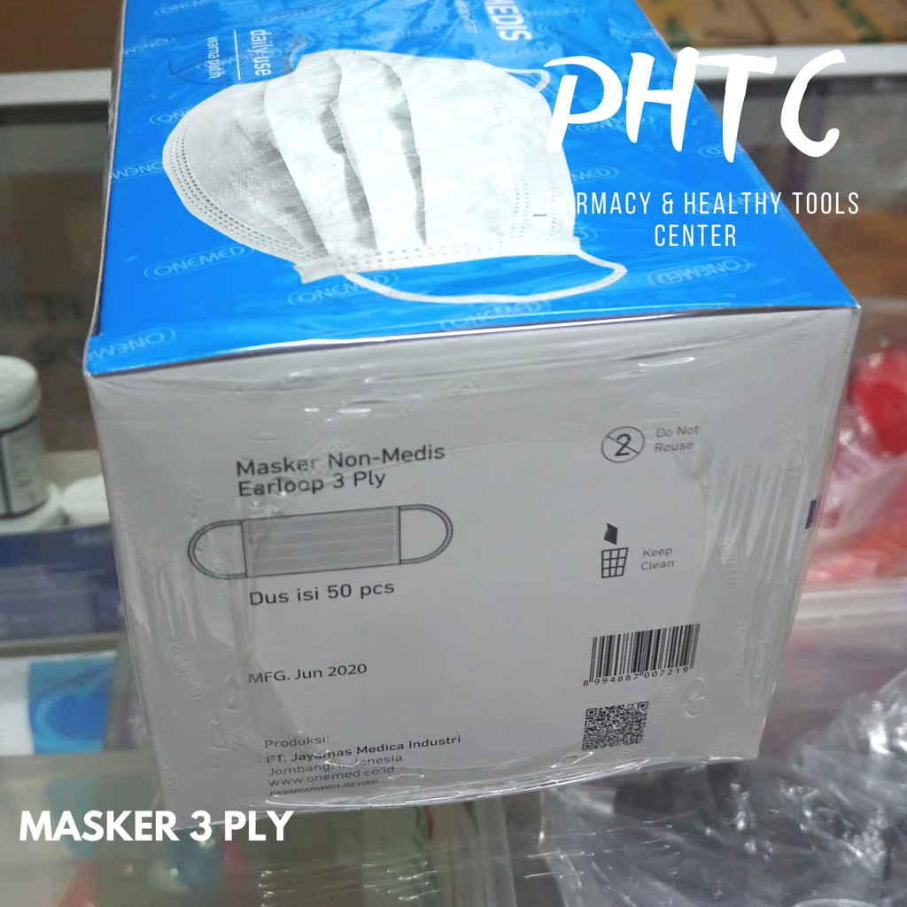 Masker Karet Putih OneMed box 50pcs / Masker 3 Ply 3Ply isi 50 earloop