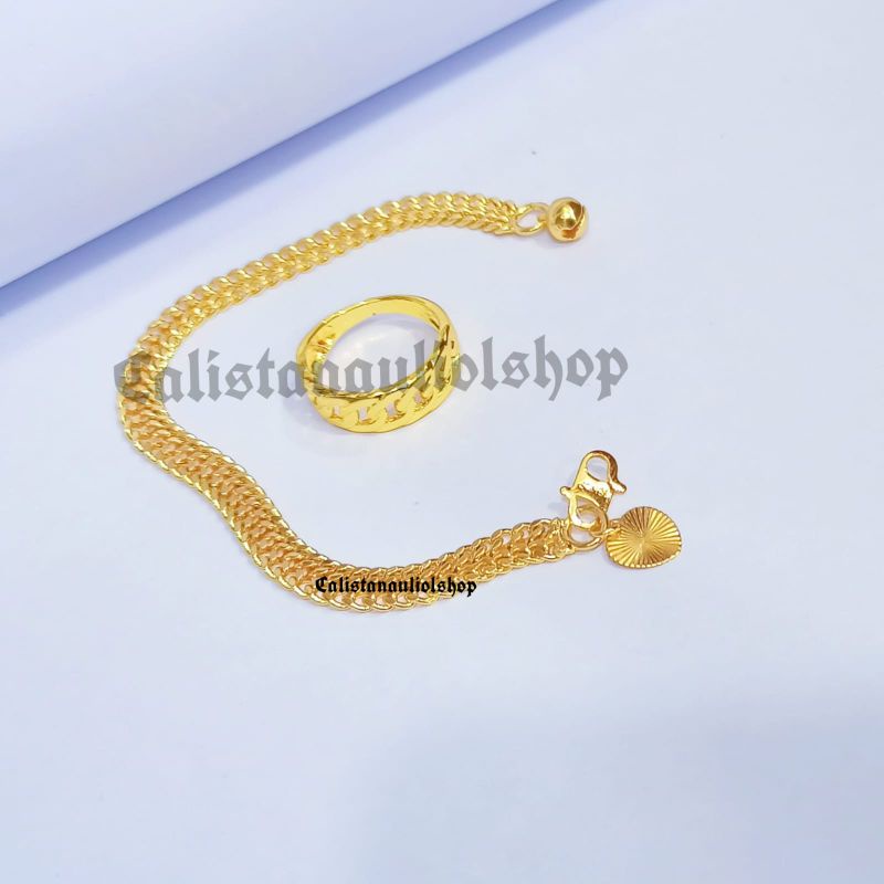 SET GELANG+CINCIN TIKAR MINIMALIS ELEGAN KCL CL1207P ANTI KARAT PERHIASAN EMAS KOREA