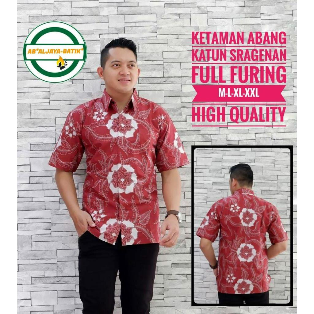 Kemeja Batik Pendek Warna Merah Terbaru Batik Pria Lapis Furing KETAMAN ABANG Batik Warna Merah