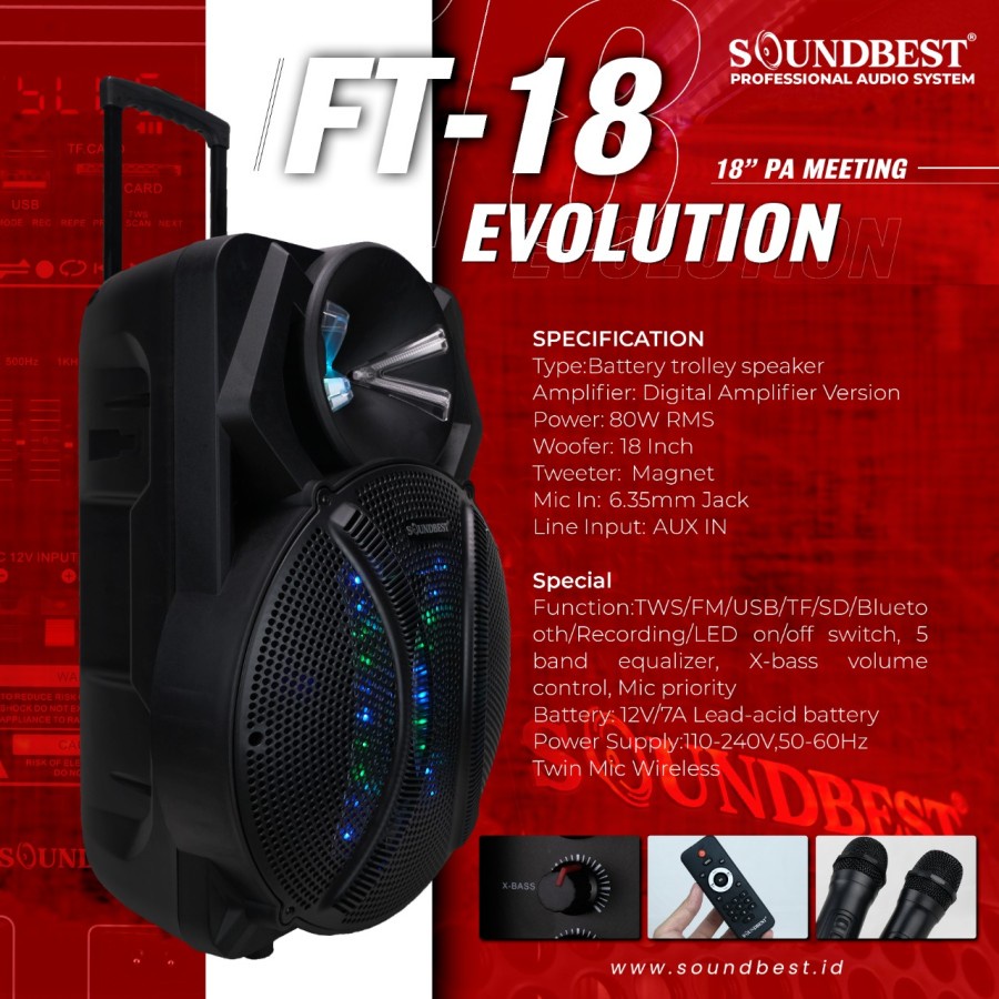 Speaker Portable Wireless 18 Inch SOUNDBEST FT 18 USB Bluetooth ORIGINAL