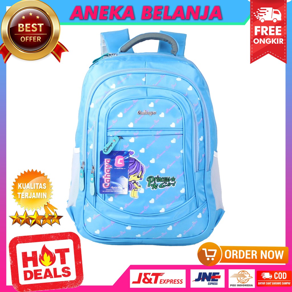 Tas Gendong Cahaya Princess Biru Cewek Ransel Sekolah SD SMP Free Raincover Berkualitas Tas Sekolah