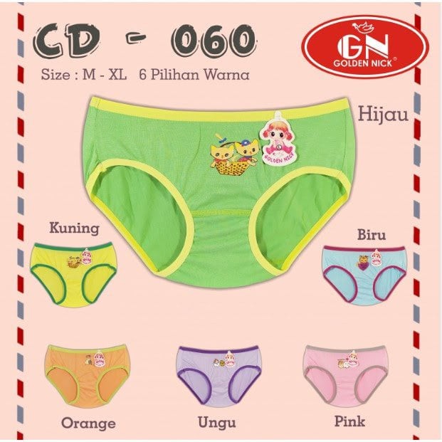 12 Pcs CD Anak Perempuan GOLDEN NICK GN 060 / 061 | Celana Dalam Anak Perempuan List Warna Goldennick Katun Bergambar Halus Adem | Sguna Grosir Lusinan