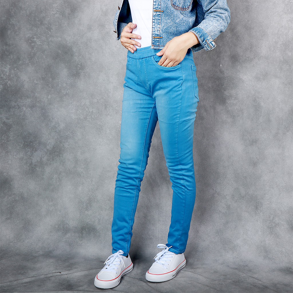 Jeans denim premium C96 karet (biru muda) -  soft jeans wanita size 28 - 42