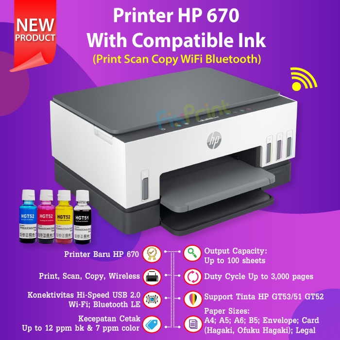 Printer HP Smart Tank 670 All in One Print Scan Copy WiFi Bluetooth