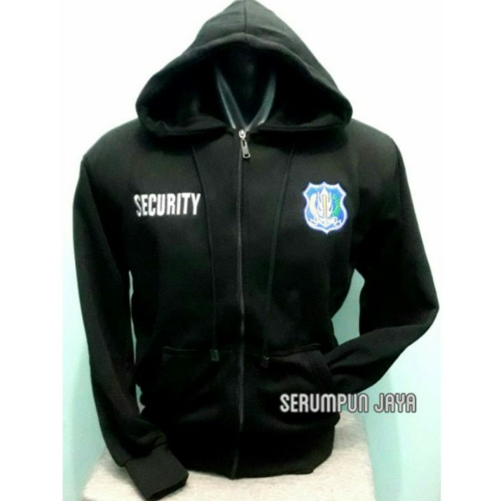 JAKET SECURITY LOGO BIRU - SWEATER SECURITY HITAM LOGO BIRU - HOODIE ZIPPER SECURITY BORDIR