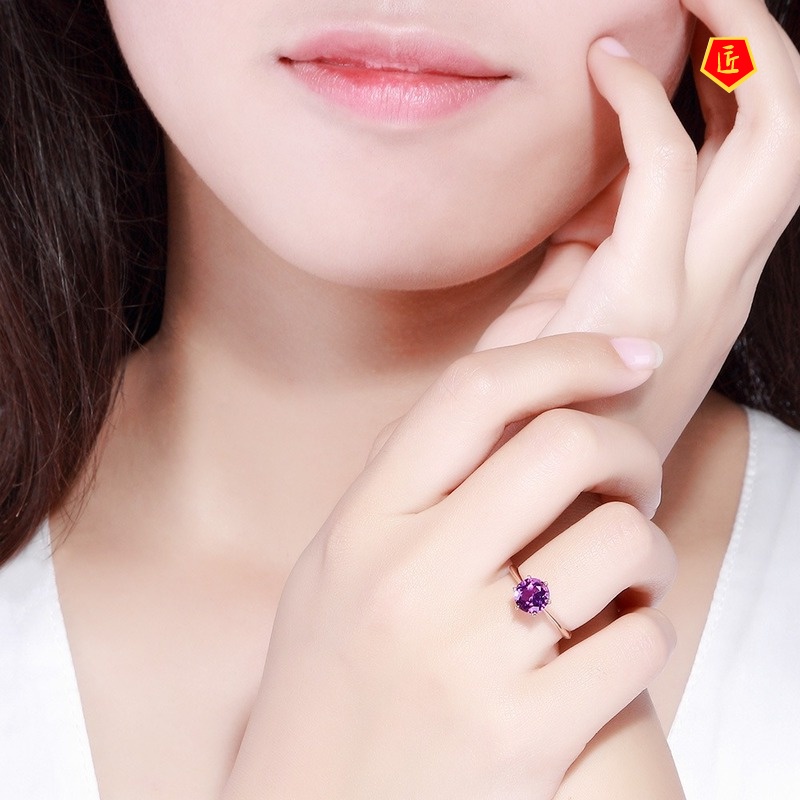 [Ready Stock]Rose Gold Garnet Colored Gems Classic Six-Claw Ring Fashion Simple Amethyst