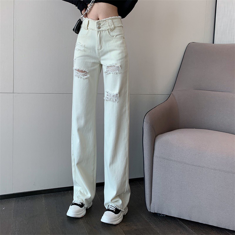 Suhao White High Waist Broken Jeans Celana Panjang Straight Wide Pants Drop Pants Versi Korea Fur Pants Pakaian Wanita Musim Semi dan Musim Panas