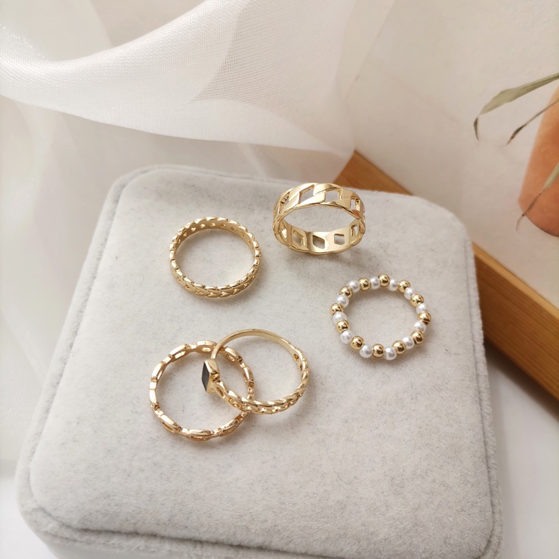 5pcs / set Cincin Jari Telunjuk Model Rantai hollow Gaya Korea Jepang