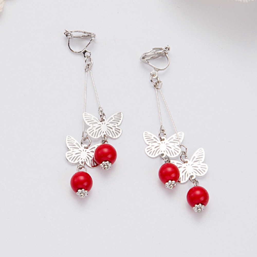 Anting Klip Tanpa Tindik Desain Kupu-Kupu Panjang Hias Mutiara Warna Merah Untuk Wanita