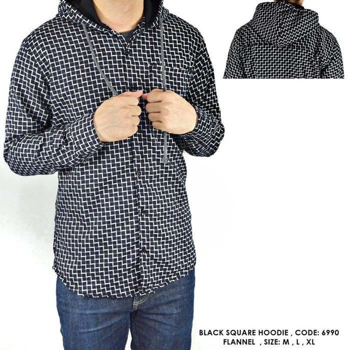 [VS] KEMEJA FLANEL FLANNEL HOODIE KUPLUK MOTIF KOTAK HITAM COWOK PRIA