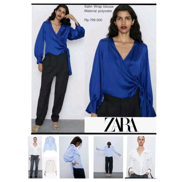 Zara Blue Satin/ &amp; Polyester Wrap Blouse Original Branded