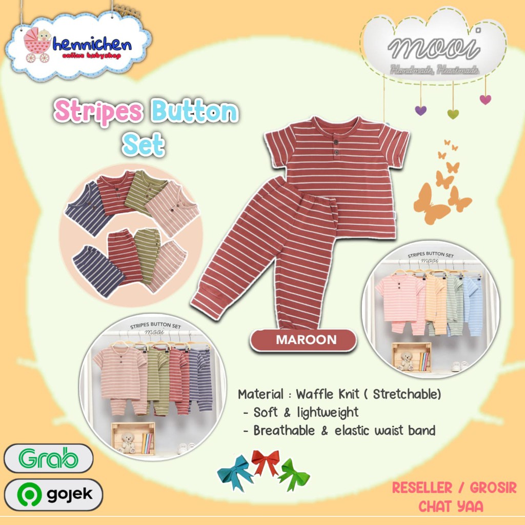 PROMO 7.7 PROMO BAJU LEBARAN MURAH MOOI STRIPES BUTTON SET 1-5 tahun Setelan baju pendek celana panjang anak