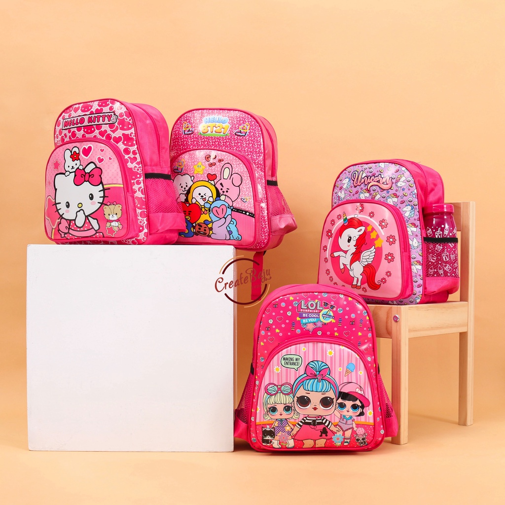 TAS RANSEL ANAK PAUD KANTONG BOTOL MINUM TAS RANSEL ANAK SEKOLAH KARAKTER UNICORN HELLO KITTY