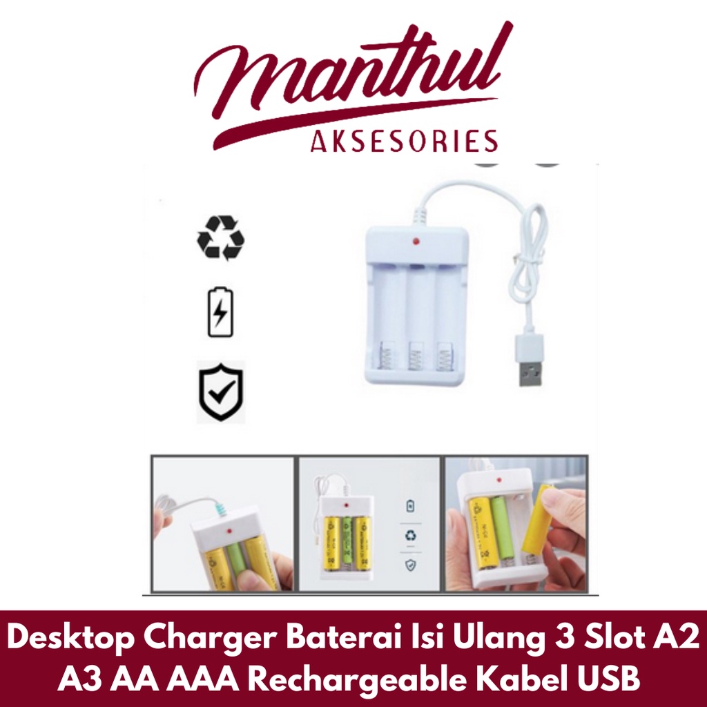 Desktop Charger Baterai Isi Ulang 3 Slot A2 A3 AA AAA Rechargeable