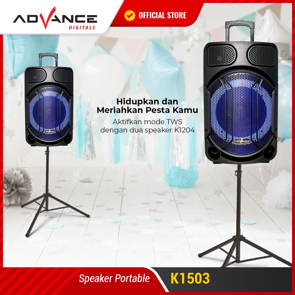 Advance Digitals K1503 Speaker Meeting Bluetooth Salon Aktif 15&quot; Gratis 2 Mic Karoke Batrei Besar RGB Light