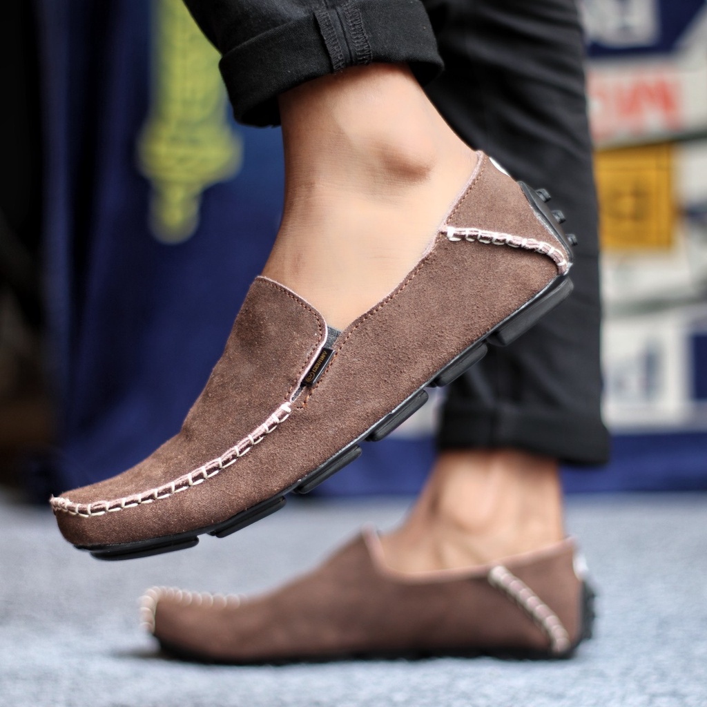 MOKSUE|Sepatu Kasual Slip On Pria Kulit Asli Mocasin Hitam Slop Cowok Trendy Murah