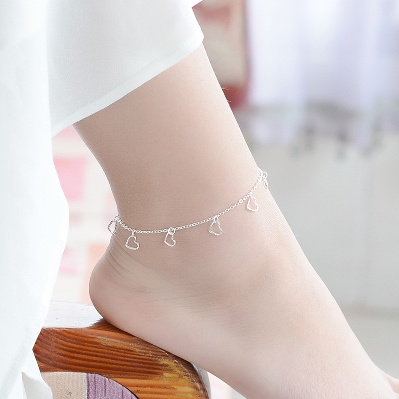 Gelang Kaki Rantai 925 Silver Double Layer Bentuk Hati Untuk Wanita