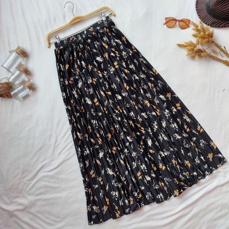 [COD] MIDI SKIRT A LINE IMPORT / ROK BUNGA DAISY BLACK WHITE / ROK DAILY WANITA KOREAN BAHAN SIFON-Rok Daily Black
