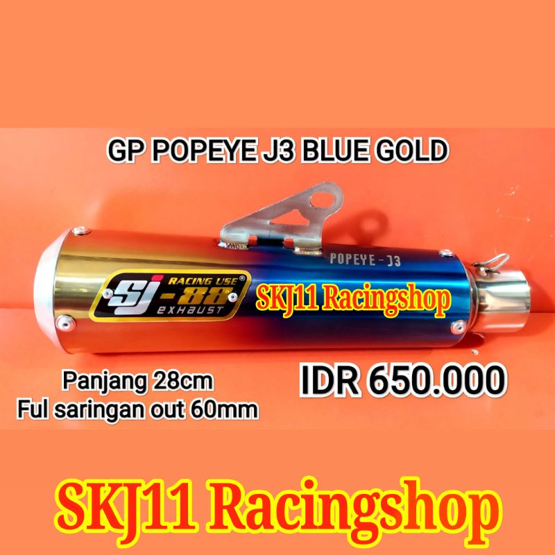 DISKON 5% Silincer Slincer Knalpot SJ88 GP POPEYE Blue Gold Full Saringan 28cm Out 60mm Non Ahrs Cld Daytona