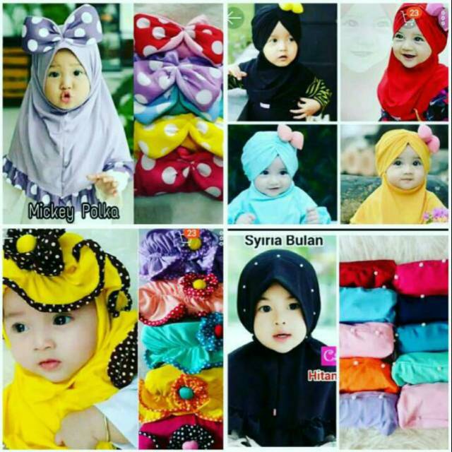 Jilbab anak Mickey pita polkadot/ topi list polkadot/ Syiria bulan/pita instan Khimar bergo