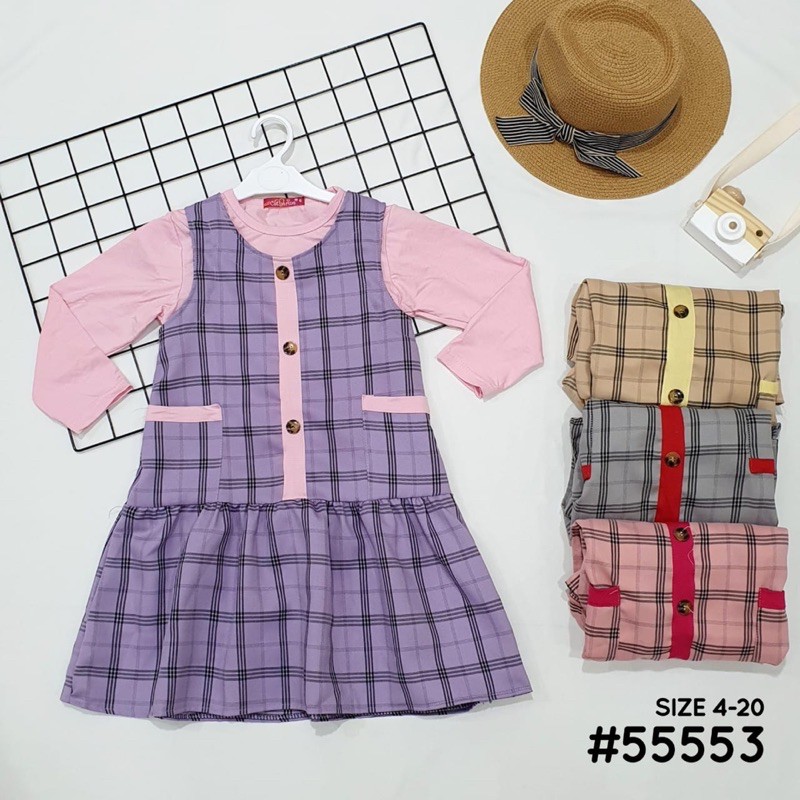 2set Dress Overall Kotak Kids Catherine #55553 bahan Spandex Import, Katun Tebal Tunik Slebew