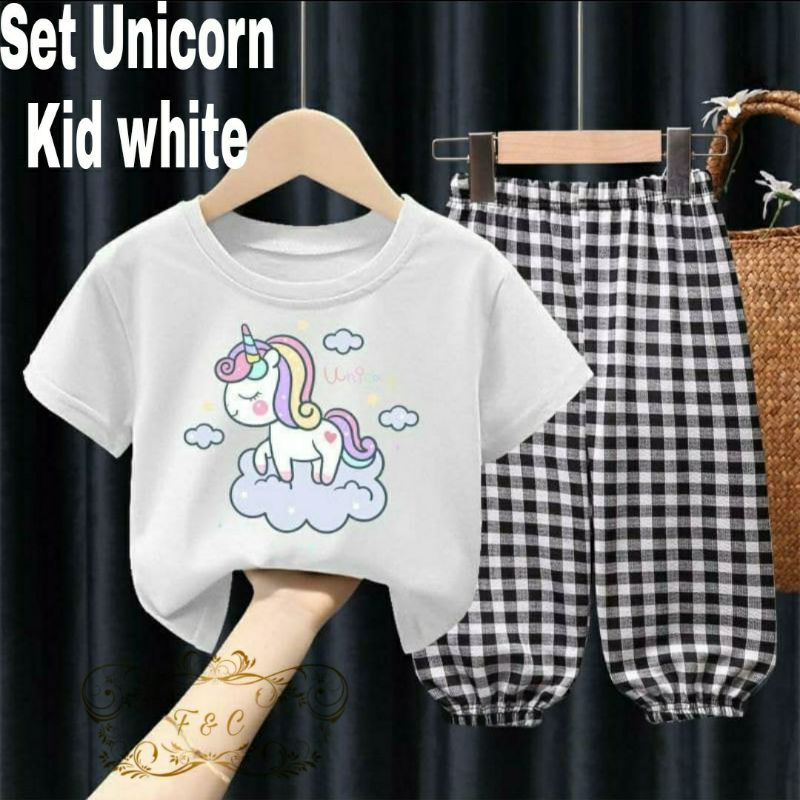 3 UKURAN S M L SET UNICORN KID FASHION PAKAIAN ANAK PEREMPUAN SETELAN BABYETRRY KOMBI KATUN KOTAK FEHM