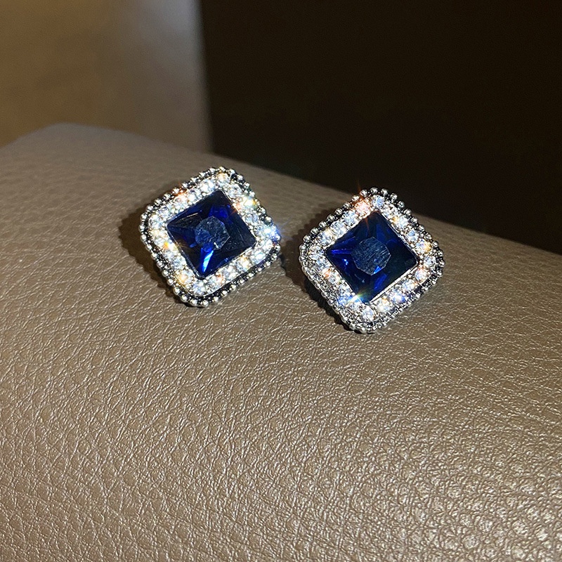 Anting Stud 925 Silver Needle Bentuk Persegi Aksen Berlian Imitasi Warna Biru Gaya Korea