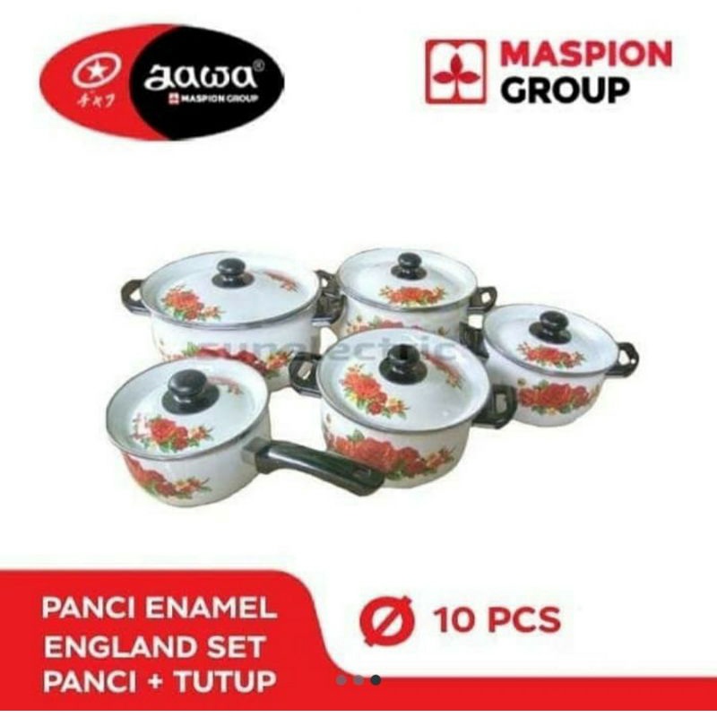 10Pcs Set ( Panci + Tutup) Enamel Maspion England Set