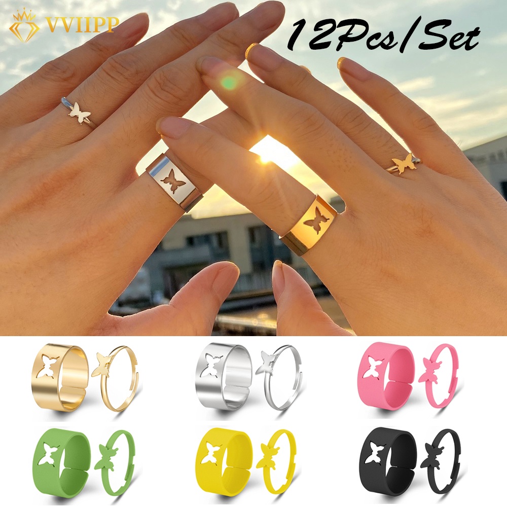 12pcs / Set Cincin Desain Butterfly Bintang Bulan Dan Huruf Warna-Warni Untuk Wanita