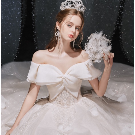 HIGH QUALITY BOW EMBROIDERED LACE DREAM ONE SHOULDER SLEEVE DETACHABLE TRAIN BRIDE WEDDINGDRESS