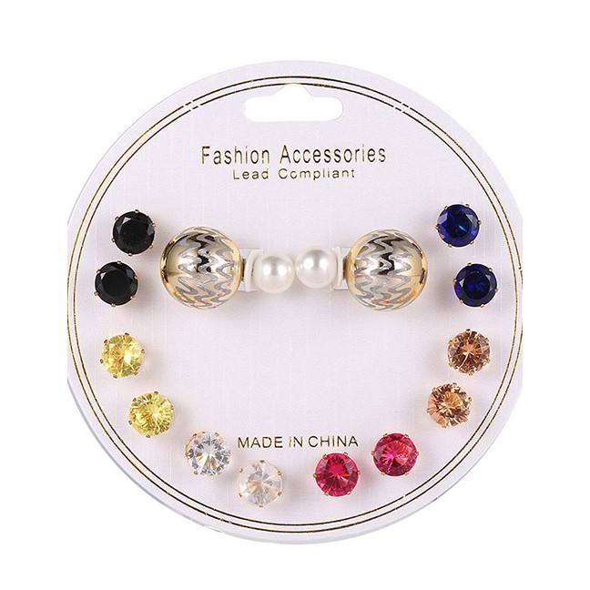 LRC Anting Set Fashion Multi-color Diamond&amp;pearls Decorated Earrings(14pcs)