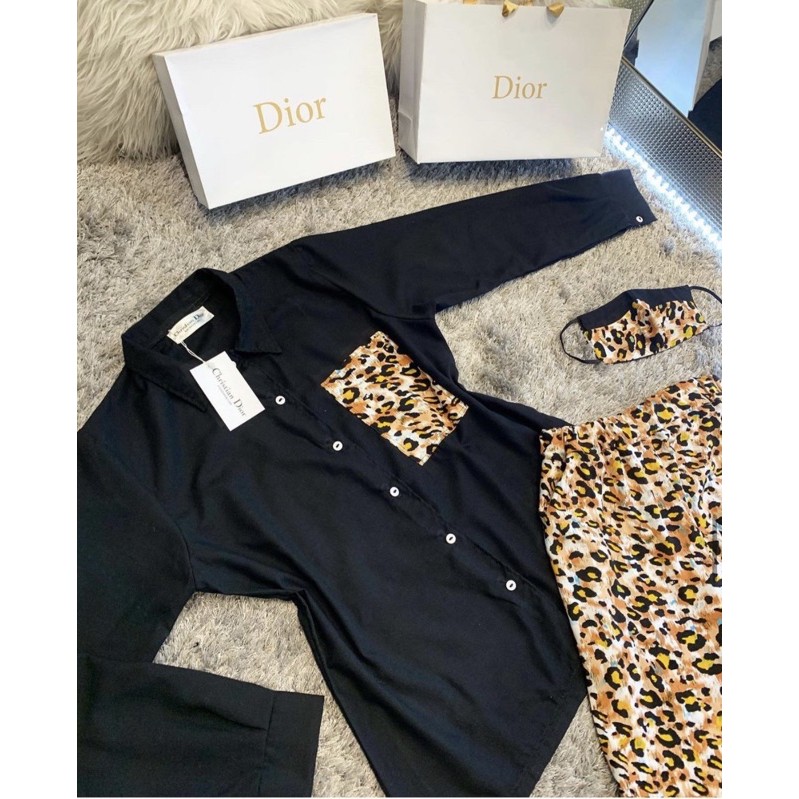 Baju wanita Zaza Dior Piyama One Set Yang Berbahan Rayon Celana Motif Leopard Atasan Kemeja hitam
