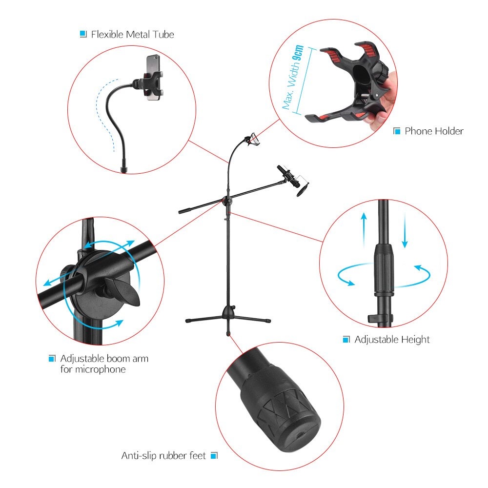 Stand Mic Microphone Degree Berdiri + Holder Hp 360 Recording Karaoke Free Phone Holder