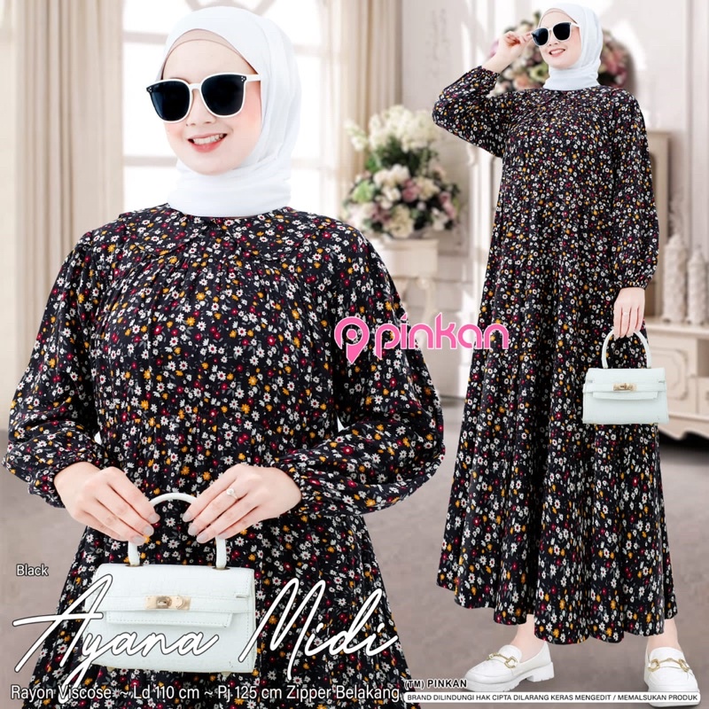 AYANA MIDI ORIGINAL BY PINKAN | DAONI MIDI DRESS PREMIUM RAYON MOTIF FLORAL BUNGA LD 100 BUSUI BY MO