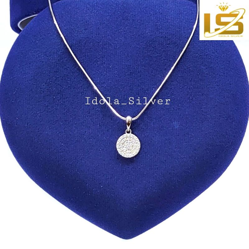 KALUNG PERAK ASLI SILVER WANITA 925 LAPIS EMAS PUTIH MODEL LIONTIN BULAT PERMATA FULL - PERHIASAN PERAK WANITA