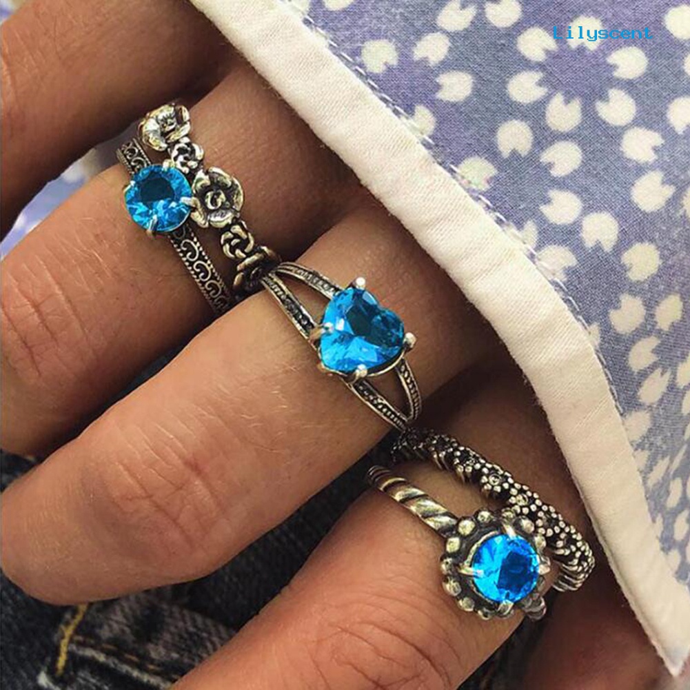 5pcs / Set Cincin Jari Bentuk Bunga Hati Hollow Aksen Berlian Imitasi Warna Biru Gaya Retro Boho Untuk Wanita