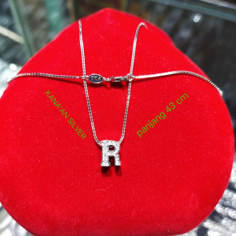 Kalung italy Santa+liontin tusuk huruf (R) 43cm remaja & dewasa perak asli 925 mata diamond putih ki