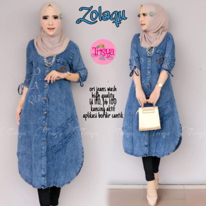 Pakaian cewek zolaqu tunik, bahan jeans wash, nyaman dipakai, good quality