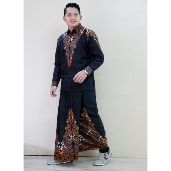 setelan sarung batik kemeja batik solo modern motih ahwan hitam batik solo