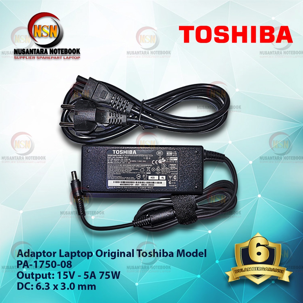 Adaptor Charger Original Toshiba 15V - 5A 75W DC 6.3*3.0 mm