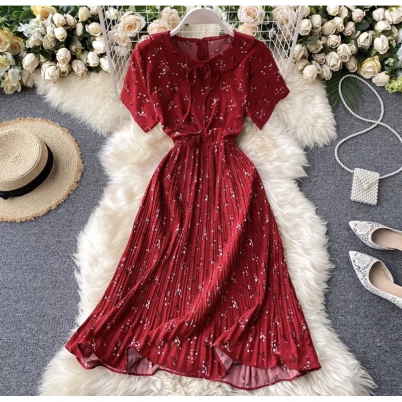 Plisket Pleat Dress panjang bunga Wanita Import ready Indonesia